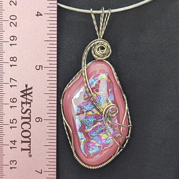 Rula Glass Jewelry - WOW Signed Pink * Rainbow * DICHROIC Sterling Silver Wire-Wrapped Glass Pendant